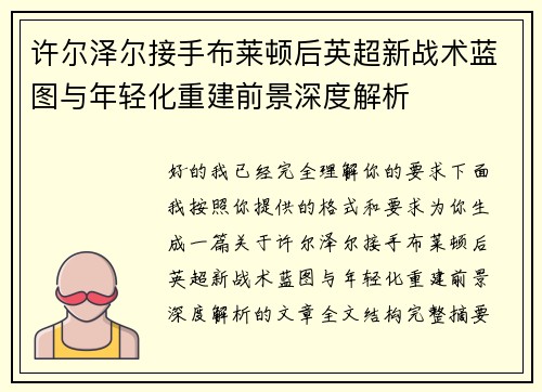 许尔泽尔接手布莱顿后英超新战术蓝图与年轻化重建前景深度解析
