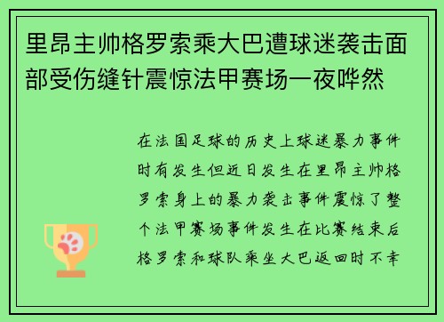 里昂主帅格罗索乘大巴遭球迷袭击面部受伤缝针震惊法甲赛场一夜哗然